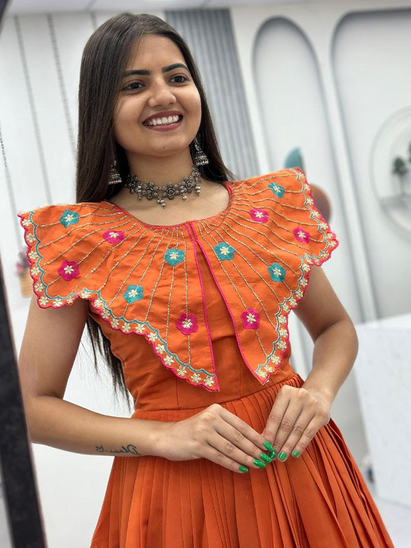 Orange Embroidery & Khatli Work Fully Flair Roman Silk Gown