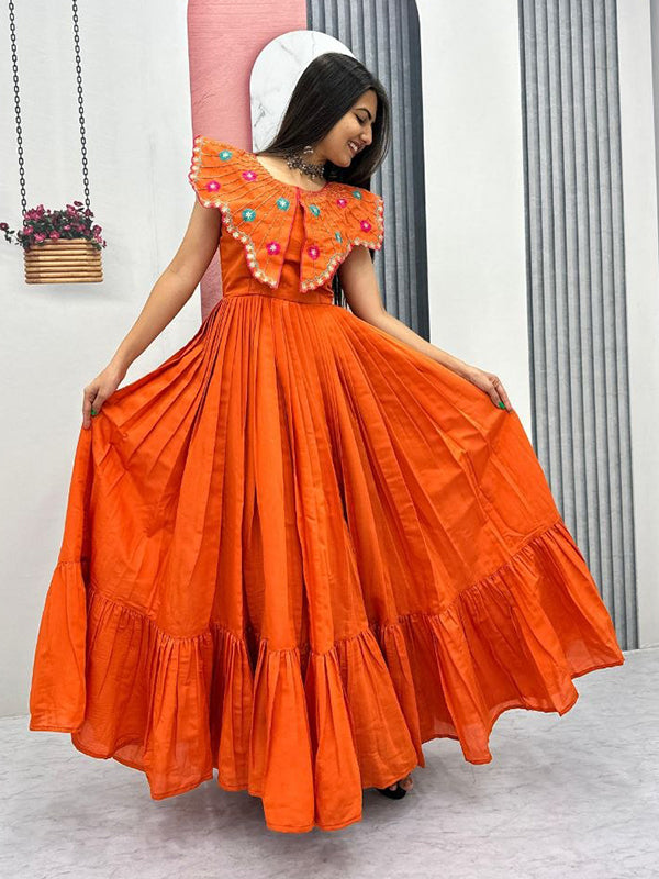 Orange Embroidery & Khatli Work Fully Flair Roman Silk Gown
