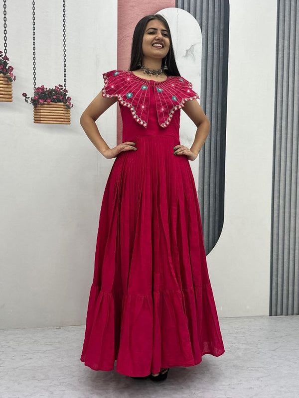 Dark Pink Embroidery & Khatli Work Fully Flair Roman Silk Gown