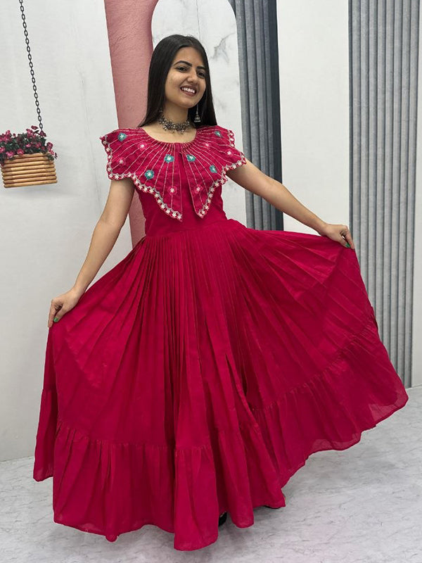 Dark Pink Embroidery & Khatli Work Fully Flair Roman Silk Gown