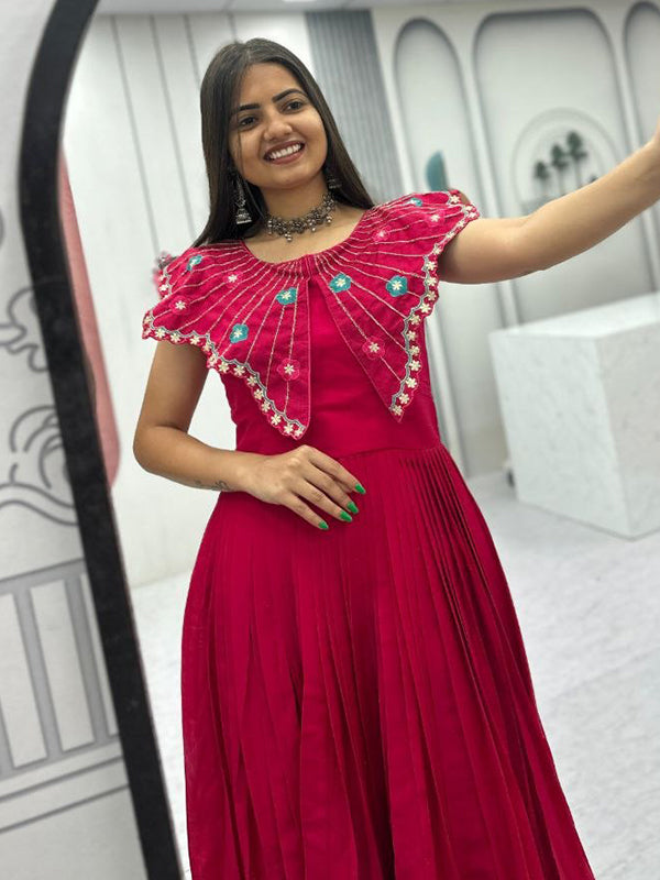 Dark Pink Embroidery & Khatli Work Fully Flair Roman Silk Gown