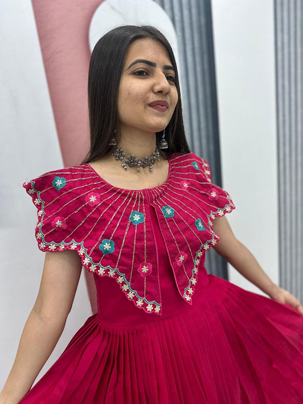 Dark Pink Embroidery & Khatli Work Fully Flair Roman Silk Gown