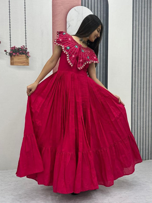 Dark Pink Embroidery & Khatli Work Fully Flair Roman Silk Gown
