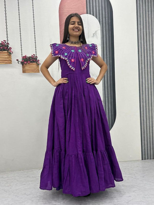 Purple Embroidery & Khatli Work Fully Flair Roman Silk Gown