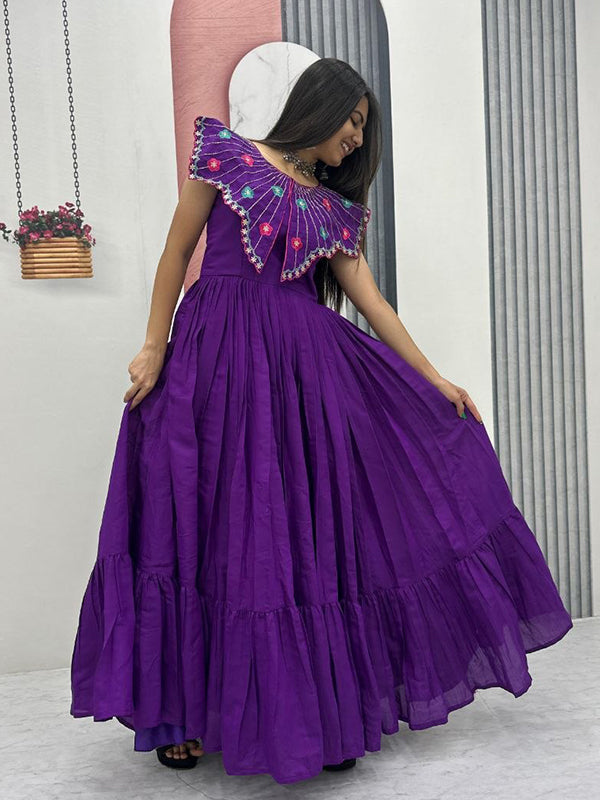 Purple Embroidery & Khatli Work Fully Flair Roman Silk Gown
