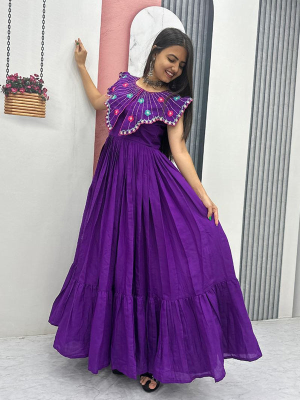 Purple Embroidery & Khatli Work Fully Flair Roman Silk Gown