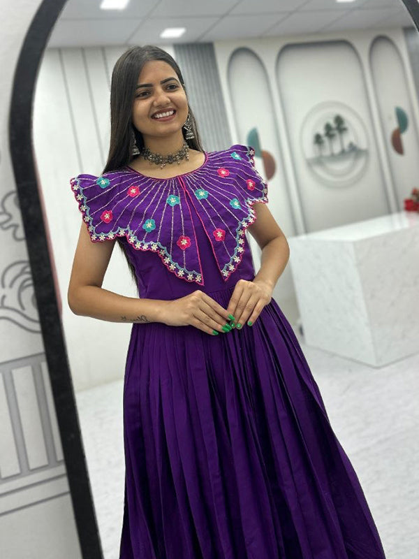 Purple Embroidery & Khatli Work Fully Flair Roman Silk Gown