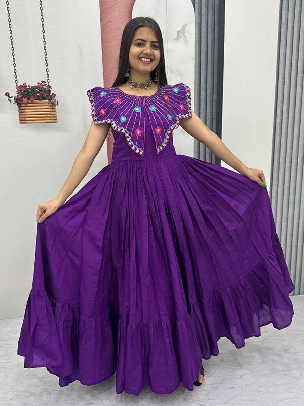 Purple Embroidery & Khatli Work Fully Flair Roman Silk Gown