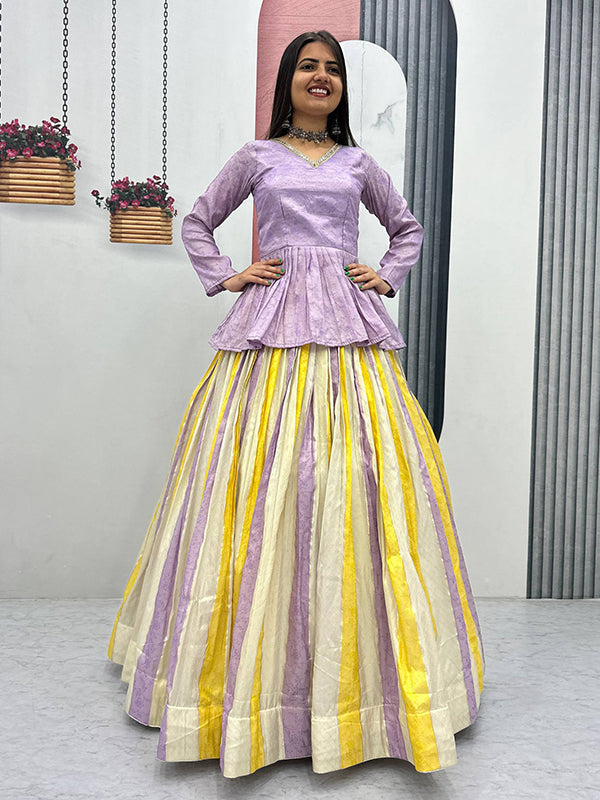 Lavender Jacquard Silk Peplum Top With Multicolor Flair Lehenga