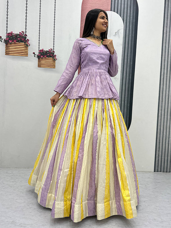 Lavender Jacquard Silk Peplum Top With Multicolor Flair Lehenga