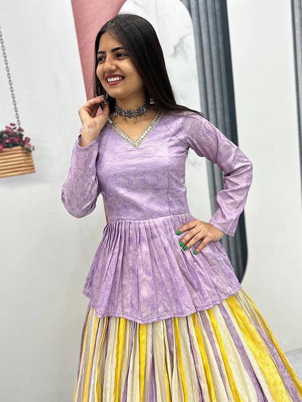 Lavender Jacquard Silk Peplum Top With Multicolor Flair Lehenga
