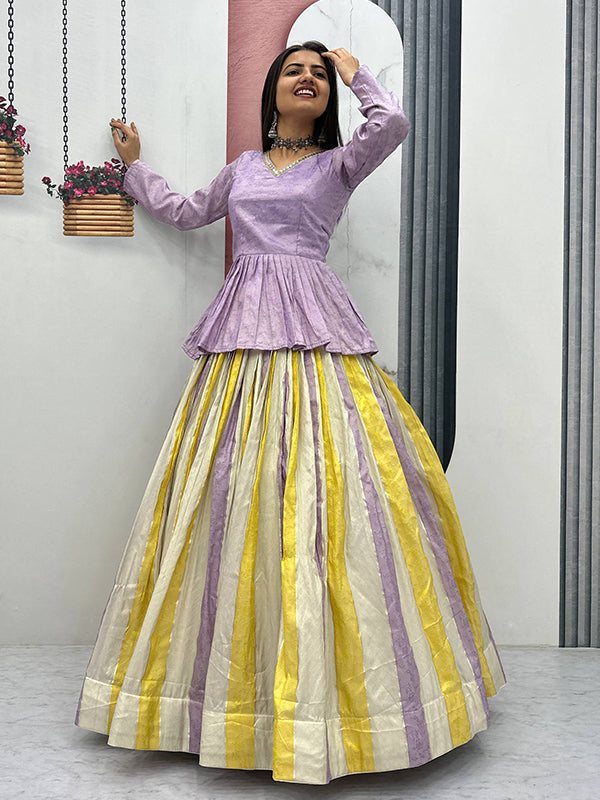 Lavender Jacquard Silk Peplum Top With Multicolor Flair Lehenga