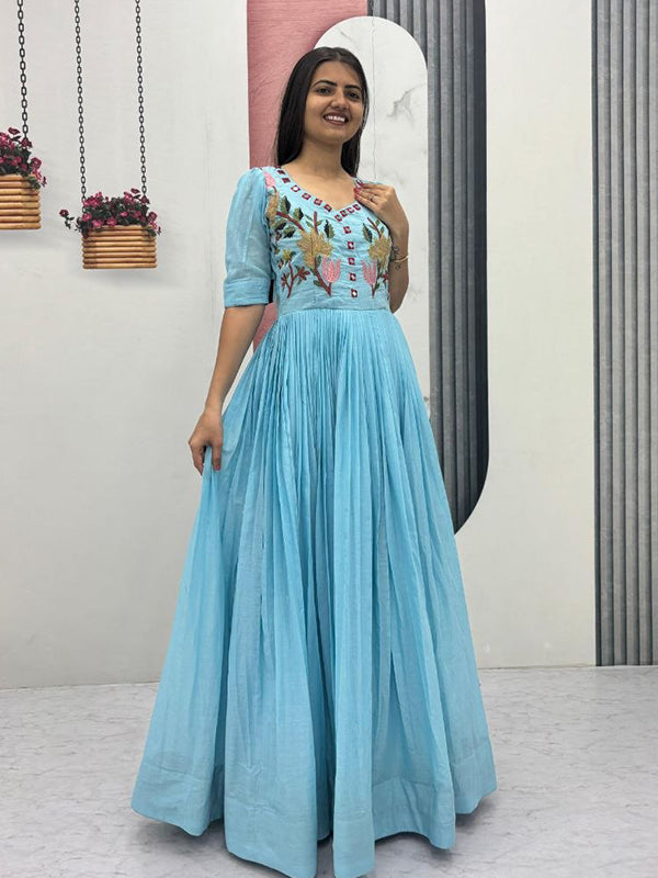 Sky Blue Mal Cotton Embroidery Thread & Hand Mirror Work Gown