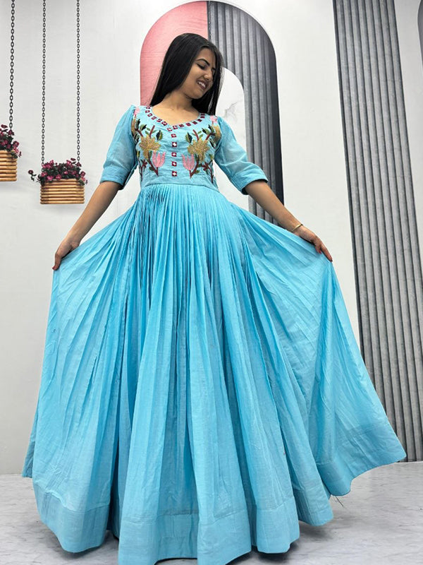 Sky Blue Mal Cotton Embroidery Thread & Hand Mirror Work Gown