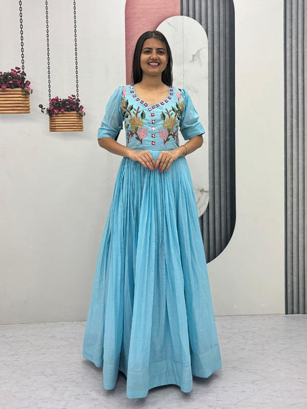 Sky Blue Mal Cotton Embroidery Thread & Hand Mirror Work Gown