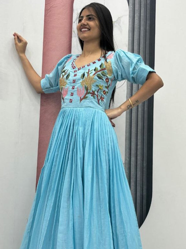 Sky Blue Mal Cotton Embroidery Thread & Hand Mirror Work Gown