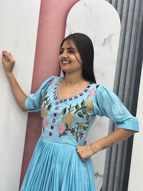 Sky Blue Mal Cotton Embroidery Thread & Hand Mirror Work Gown