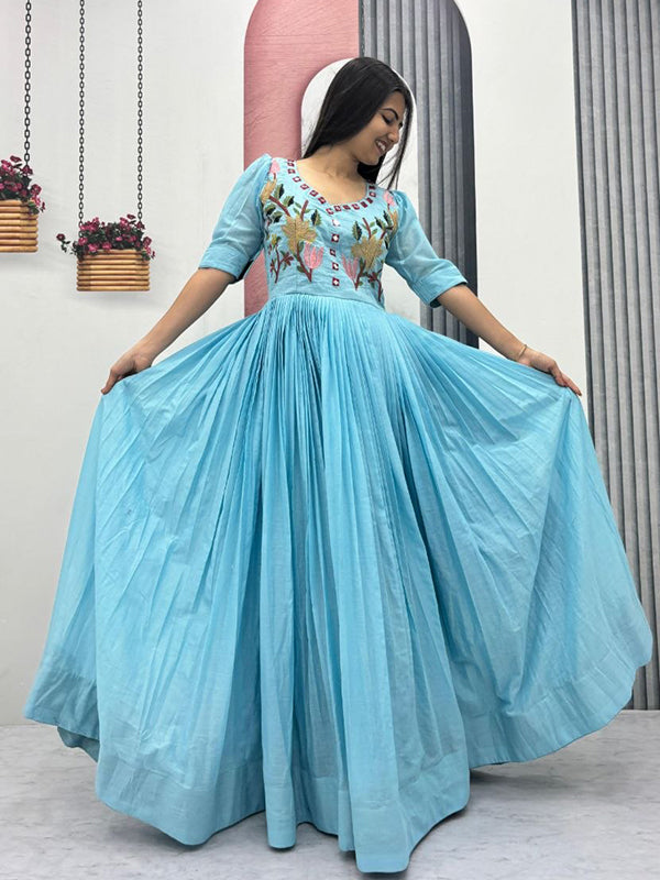 Sky Blue Mal Cotton Embroidery Thread & Hand Mirror Work Gown