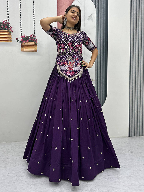 Purple Embroidery Sequence Work Vichitra Silk Lehenga Choli With Dupatta