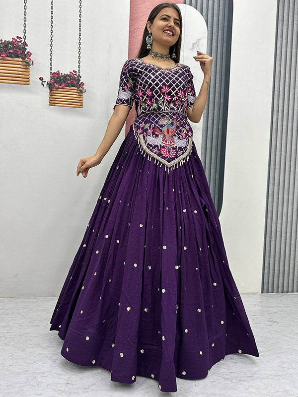 Purple Embroidery Sequence Work Vichitra Silk Lehenga Choli With Dupatta