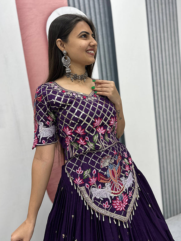 Purple Embroidery Sequence Work Vichitra Silk Lehenga Choli With Dupatta