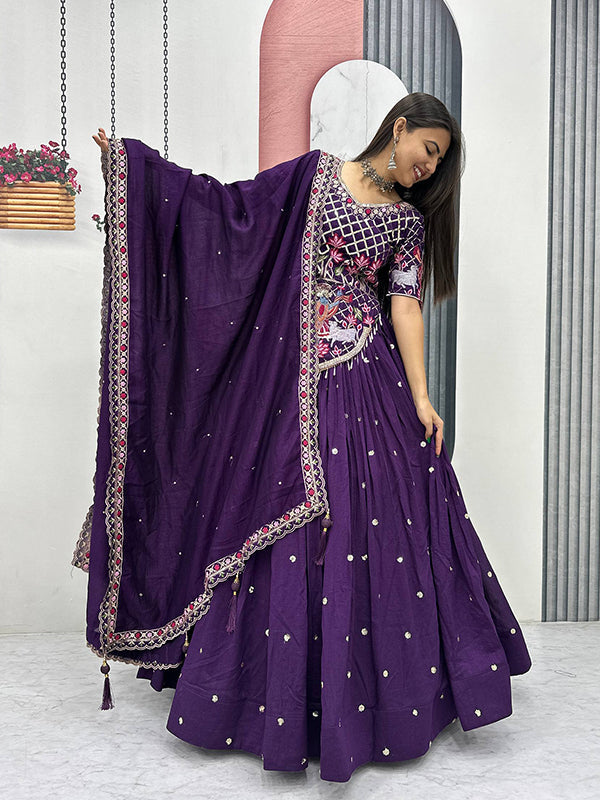 Purple Embroidery Sequence Work Vichitra Silk Lehenga Choli With Dupatta
