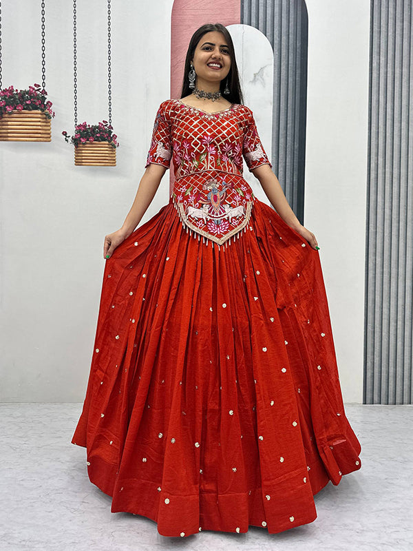 Rust Orange Embroidery Sequence Work Vichitra Silk Lehenga Choli With Dupatta