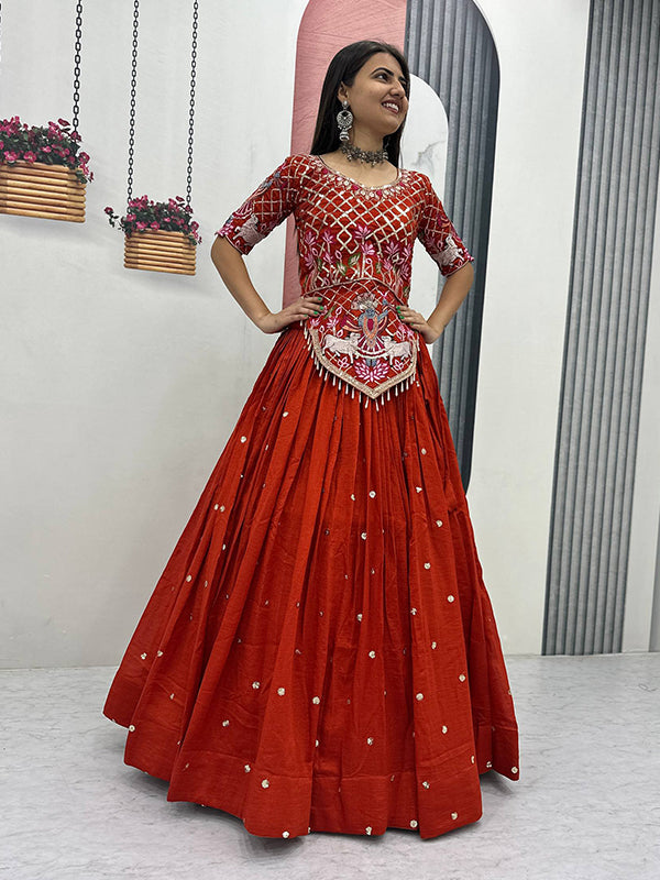 Rust Orange Embroidery Sequence Work Vichitra Silk Lehenga Choli With Dupatta