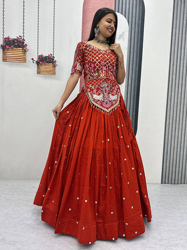 Rust Orange Embroidery Sequence Work Vichitra Silk Lehenga Choli With Dupatta