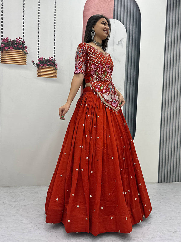 Rust Orange Embroidery Sequence Work Vichitra Silk Lehenga Choli With Dupatta