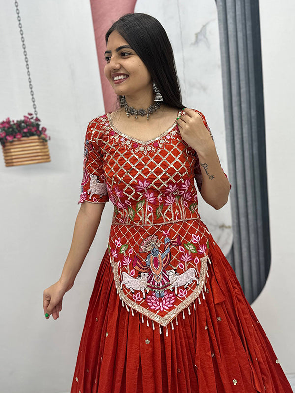 Rust Orange Embroidery Sequence Work Vichitra Silk Lehenga Choli With Dupatta