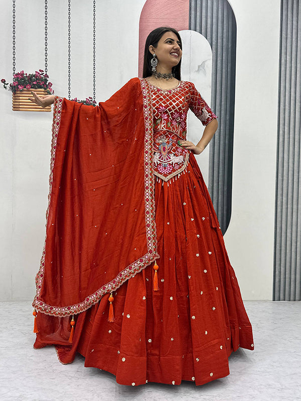 Rust Orange Embroidery Sequence Work Vichitra Silk Lehenga Choli With Dupatta