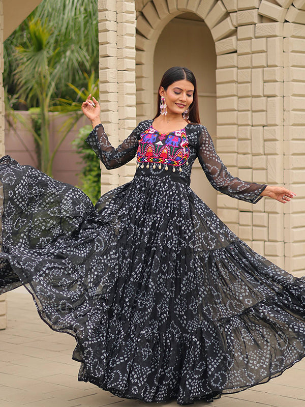 Black Embroidery Thread Work Georgette Navratri Gown
