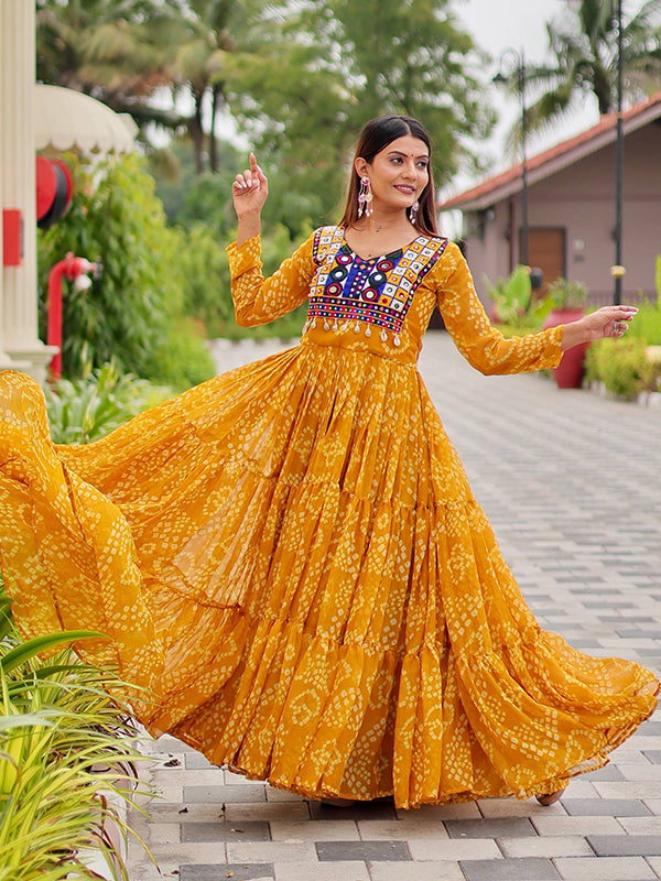 Yellow Embroidery Thread Work Georgette Navratri Gown
