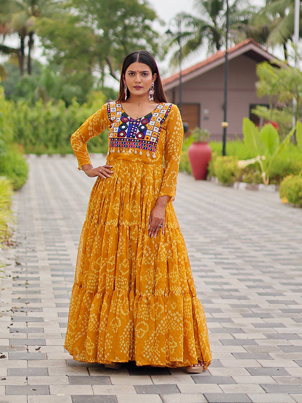 Yellow Embroidery Thread Work Georgette Navratri Gown