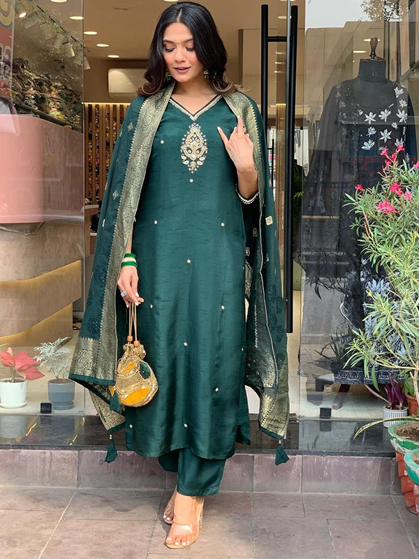 Bottle Green Fully Hand Work Tapeta Silk Kurti With Pant & Dupatta Set