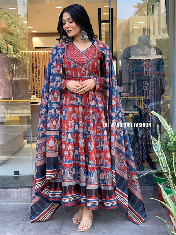 Maroon Blue Cotton Floral Printed Gown With Pant & Dupatta Set