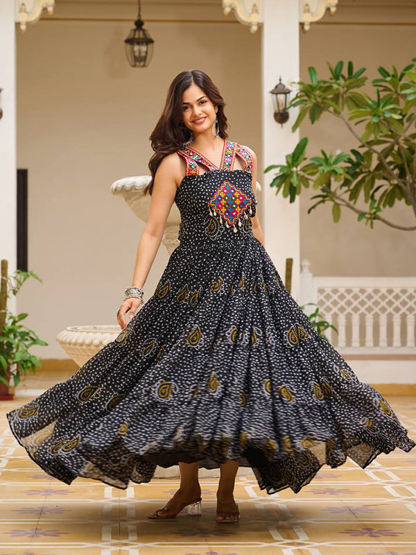 Black Sleeveless Gamathi Work Bandhani Printed Georgette Gown