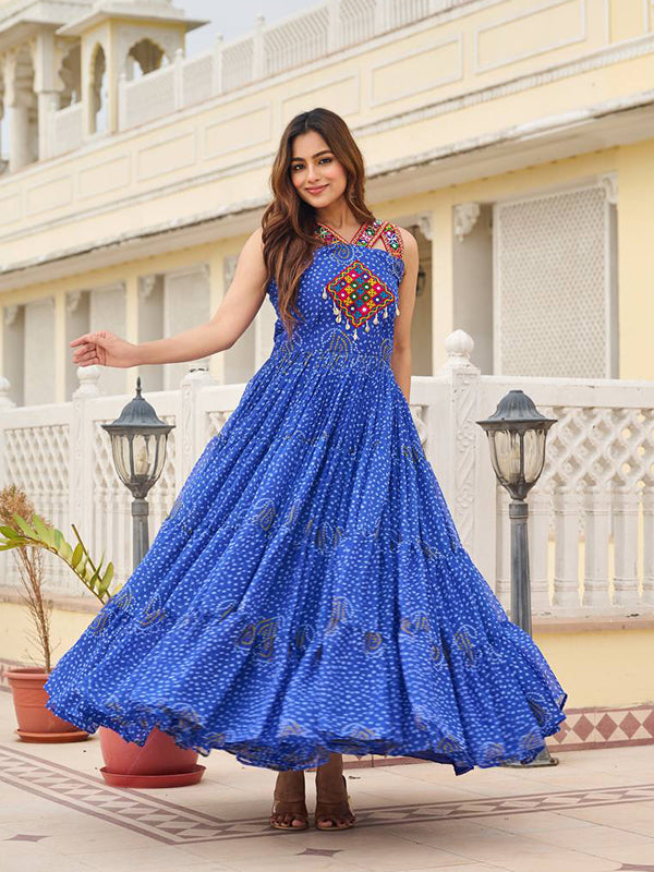 Blue Sleeveless Gamathi Work Bandhani Printed Georgette Gown