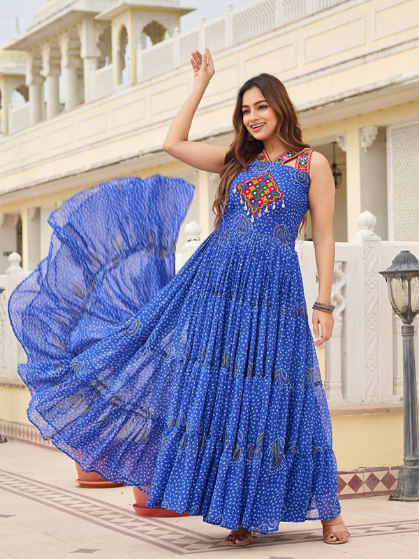 Blue Sleeveless Gamathi Work Bandhani Printed Georgette Gown