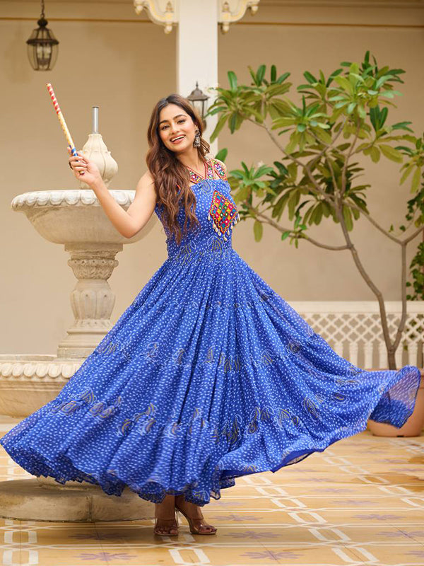 Blue Sleeveless Gamathi Work Bandhani Printed Georgette Gown