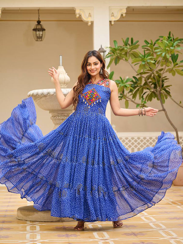 Blue Sleeveless Gamathi Work Bandhani Printed Georgette Gown