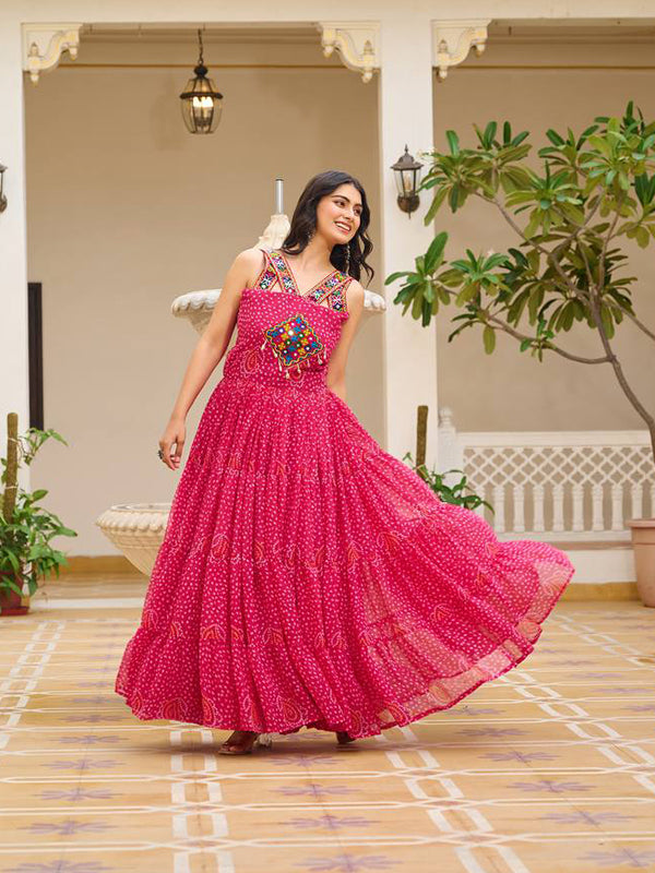Pink Sleeveless Gamathi Work Bandhani Printed Georgette Gown