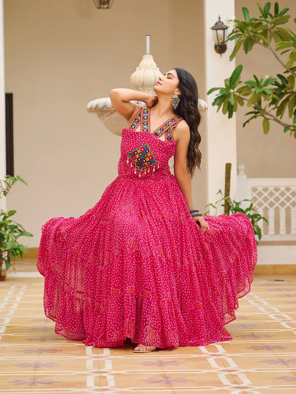 Pink Sleeveless Gamathi Work Bandhani Printed Georgette Gown