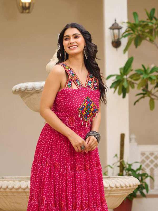 Pink Sleeveless Gamathi Work Bandhani Printed Georgette Gown
