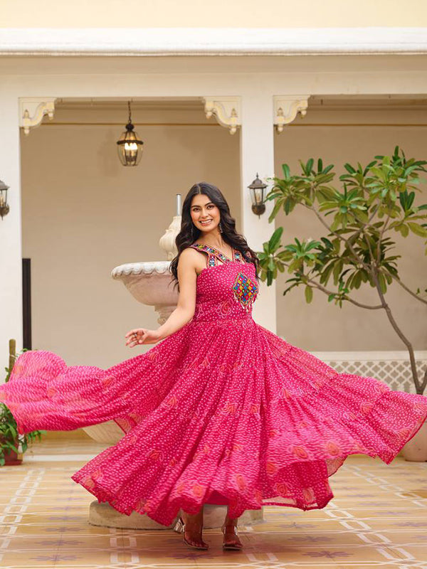 Pink Sleeveless Gamathi Work Bandhani Printed Georgette Gown