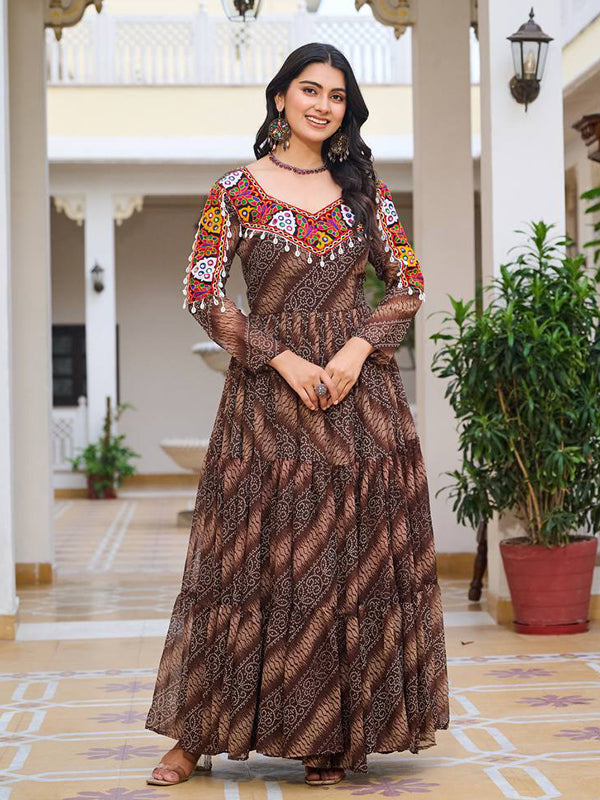 Brown Gamathi Work Bandhani Printed Georgette Gown