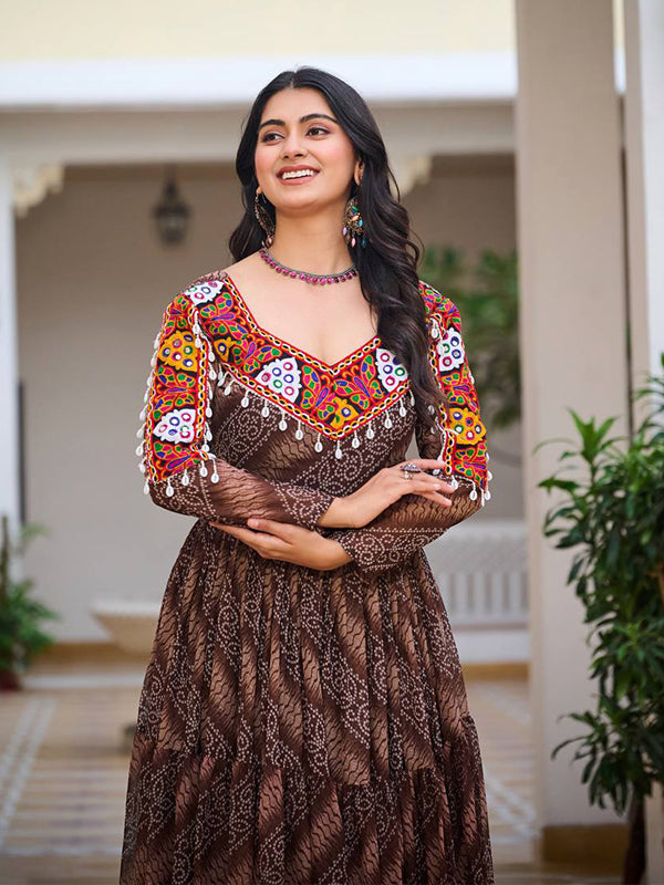 Brown Gamathi Work Bandhani Printed Georgette Gown
