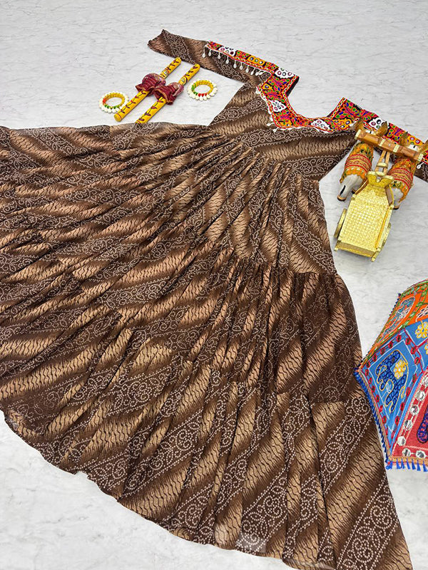 Brown Gamathi Work Bandhani Printed Georgette Gown
