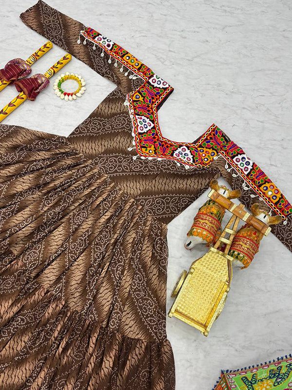 Brown Gamathi Work Bandhani Printed Georgette Gown